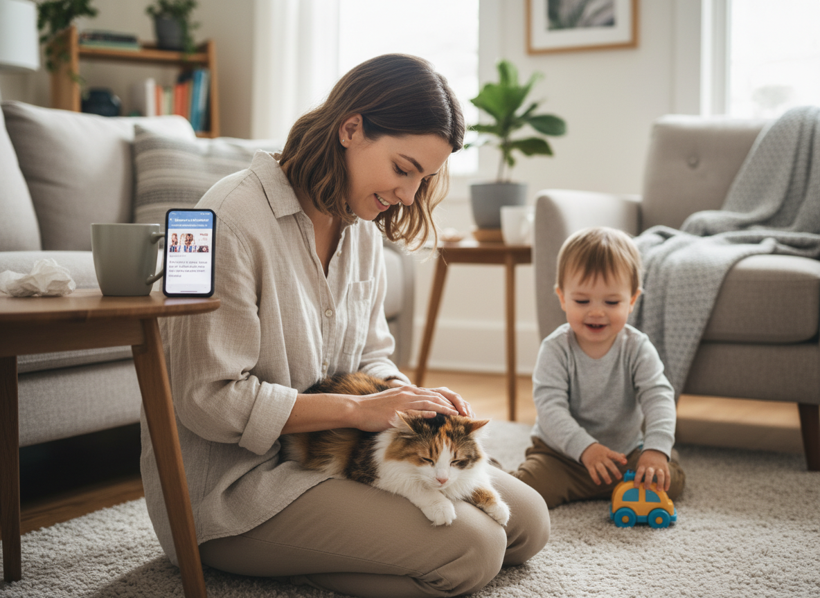 A real-life photo showing a person gently interacting with a pet, illustrating the potential for indirect transmission through human contact.