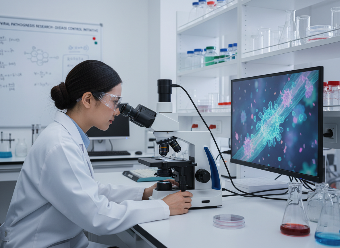 Scientist in a lab, studying viral replication mechanisms under a microscope, symbolizing disease control research. Realistic photo.