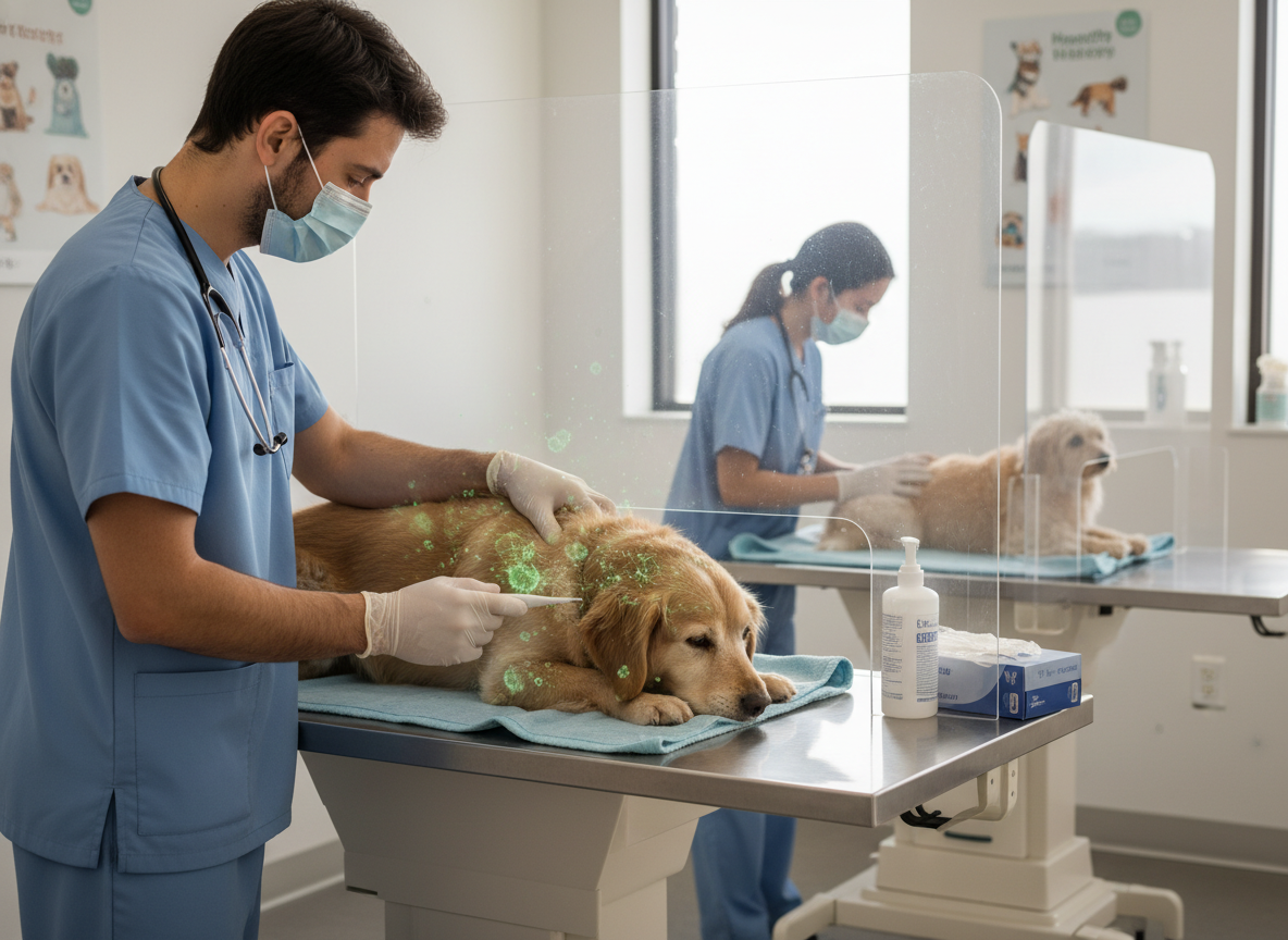 Photographic scene showing a veterinarian gently examining a sick dog, emphasizing potential contact transmission, realistic clinic setting.