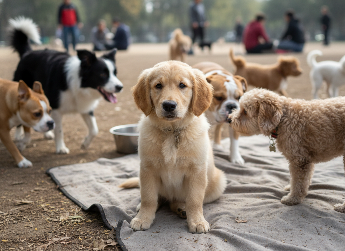 Realistic photo of an unvaccinated puppy in a social setting, high risk for canine distemper.