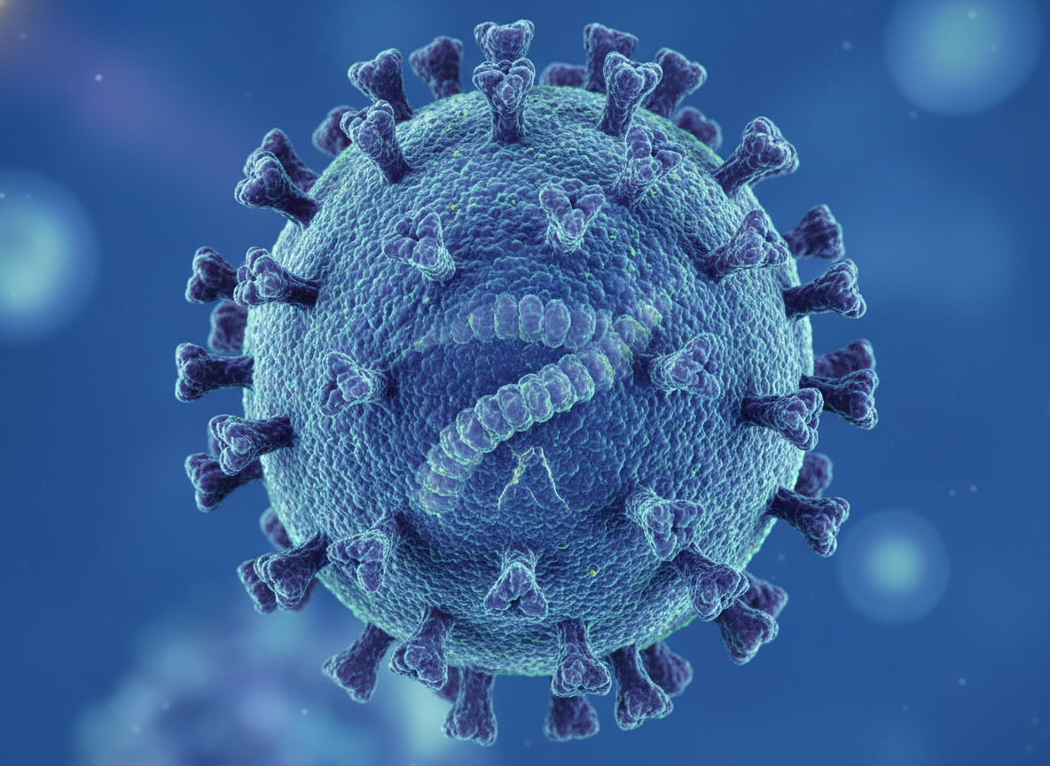 Close-up, high-resolution photographic rendering of the canine distemper virus, detailed viral structure, scientific photography style.