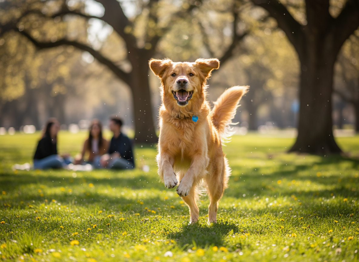 Joyful, realistic photograph of a healthy, vaccinated dog playing in a park, full of life, sunny day, professional pet photography.