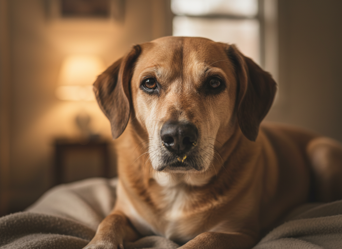 Poignant photograph: a dog exhibiting distemper symptoms, looking unwell, close-up, realistic pet photography, sympathetic lighting.