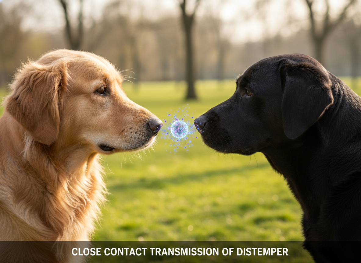 A realistic photo of dogs nose-to-nose, illustrating close contact transmission of distemper.