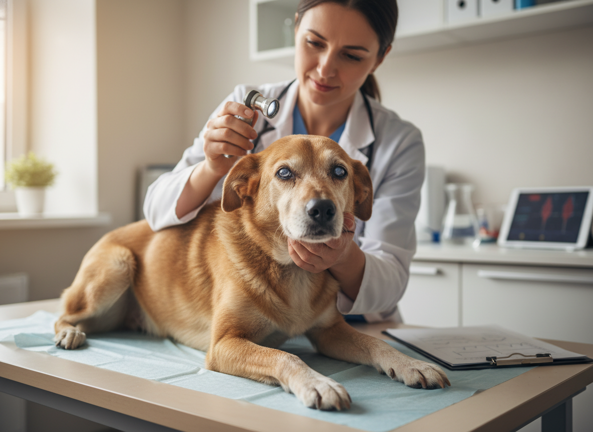 A photorealistic image of a veterinarian examining a dog, representing the effects of CDV on its health.