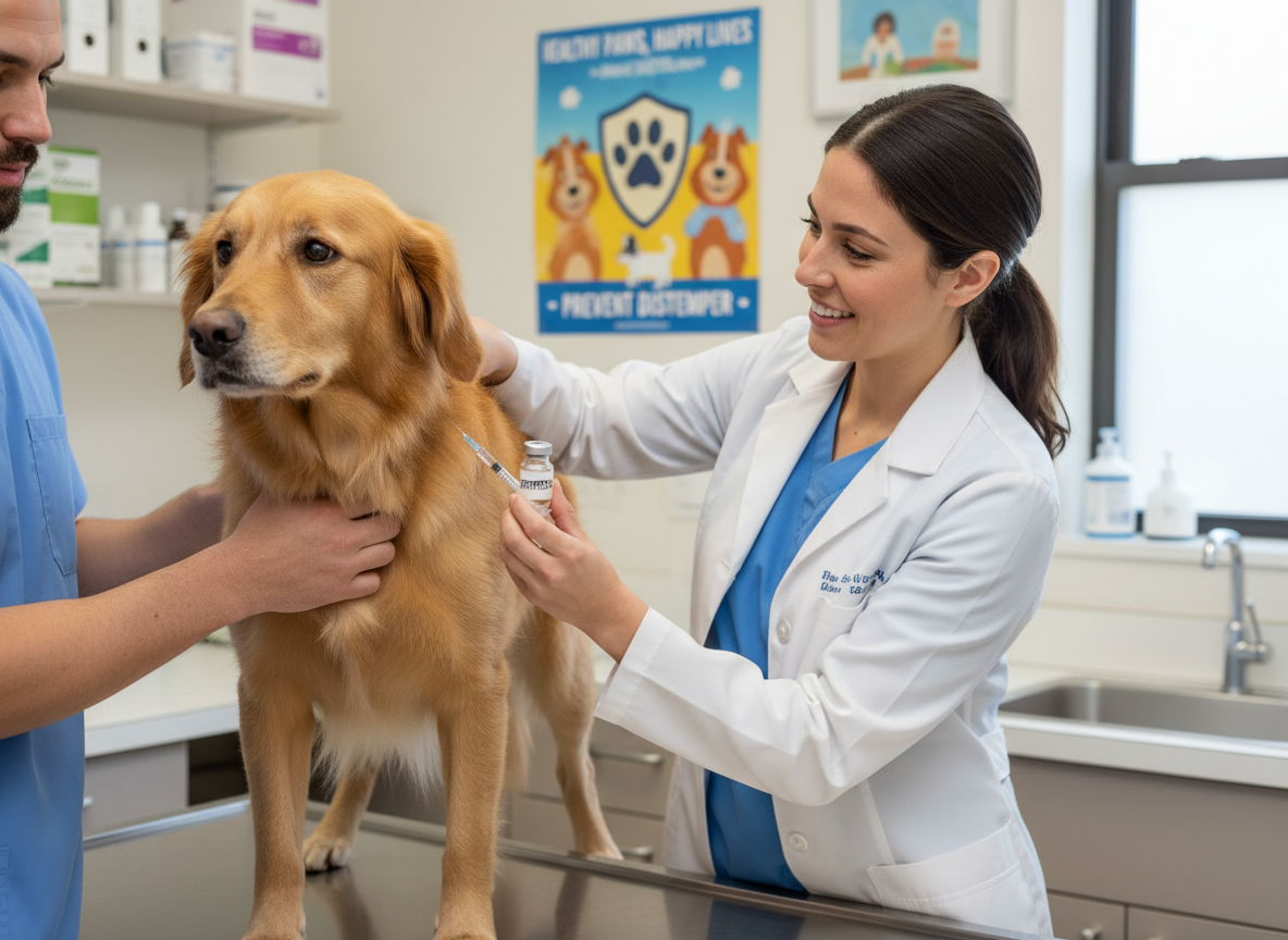 Photorealistic image of a veterinarian administering a vaccine to a dog, highlighting distemper prevention.