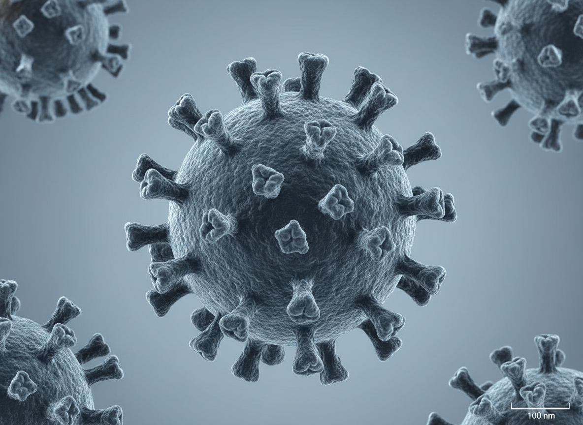 Photorealistic microscopy shot of canine distemper virus structure. Scientific, detailed, real photo style.