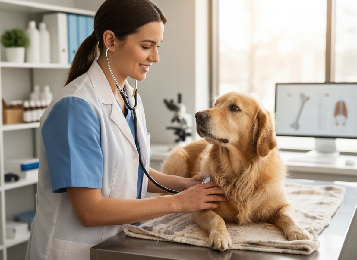 A close-up, realistic photo of a veterinarian examining a dog, focused on care and health. Photographic style.