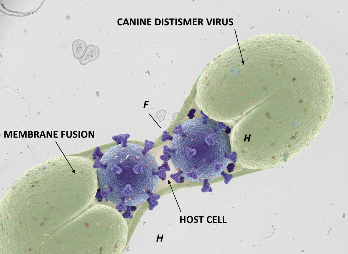 Photographic close-up: canine distemper virus envelope interacting with a host cell during infection. Scientific, real shot.