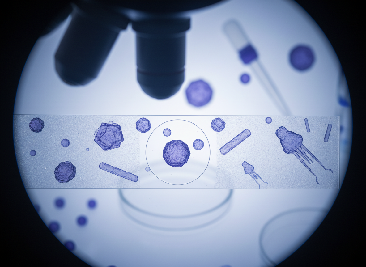 A detailed, realistic photograph of microscopic virus structures on a slide in a lab, under scientific lighting. Photographic style.