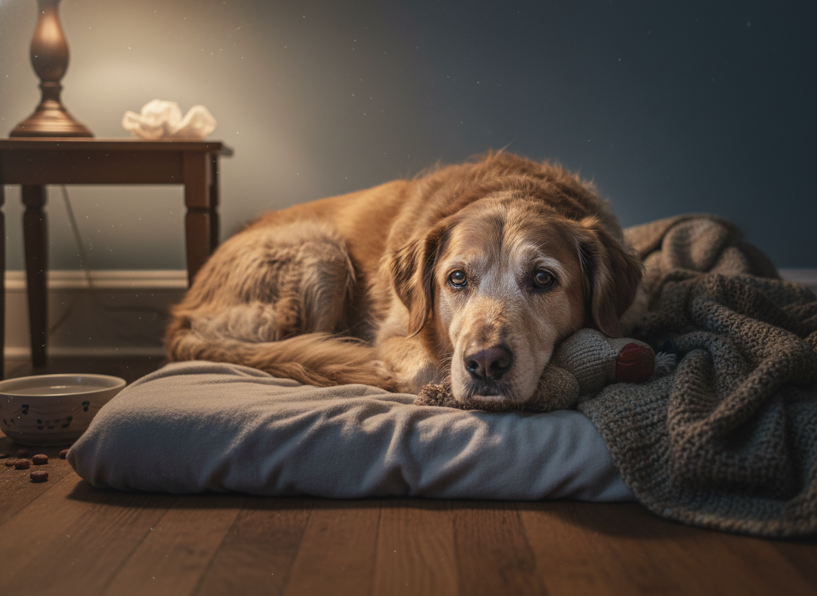 A somber, realistic photo of a sick dog resting quietly in a cozy, dim room, conveying discomfort. Photographic style.