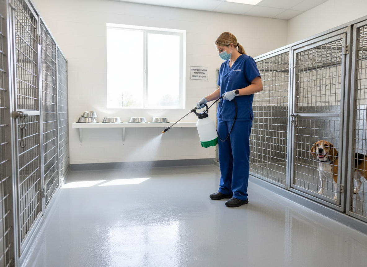 Photographic depiction of effective CDV prevention: a dog receiving a vaccine or a disinfected environment. Real-life scene.