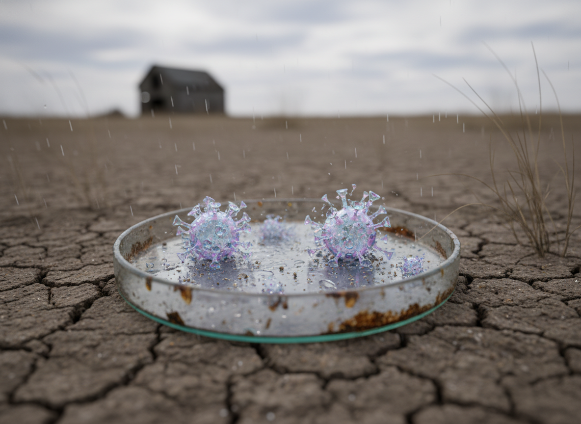 Photographic concept: Canine distemper virus exposed to environmental elements, showing its vulnerability. Real-world conditions.