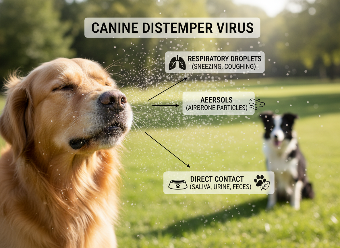 Realistic photo of a dog sneezing, showing airborne droplets, illustrating the primary transmission routes of canine distemper virus.