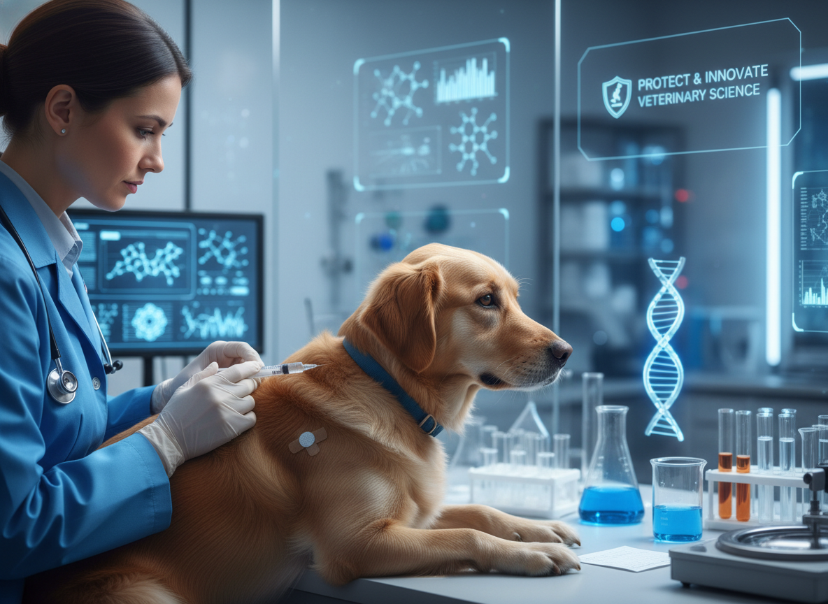 Close-up photograph of a veterinarian administering a vaccine to a dog, emphasizing protection and scientific research, lab environment.
