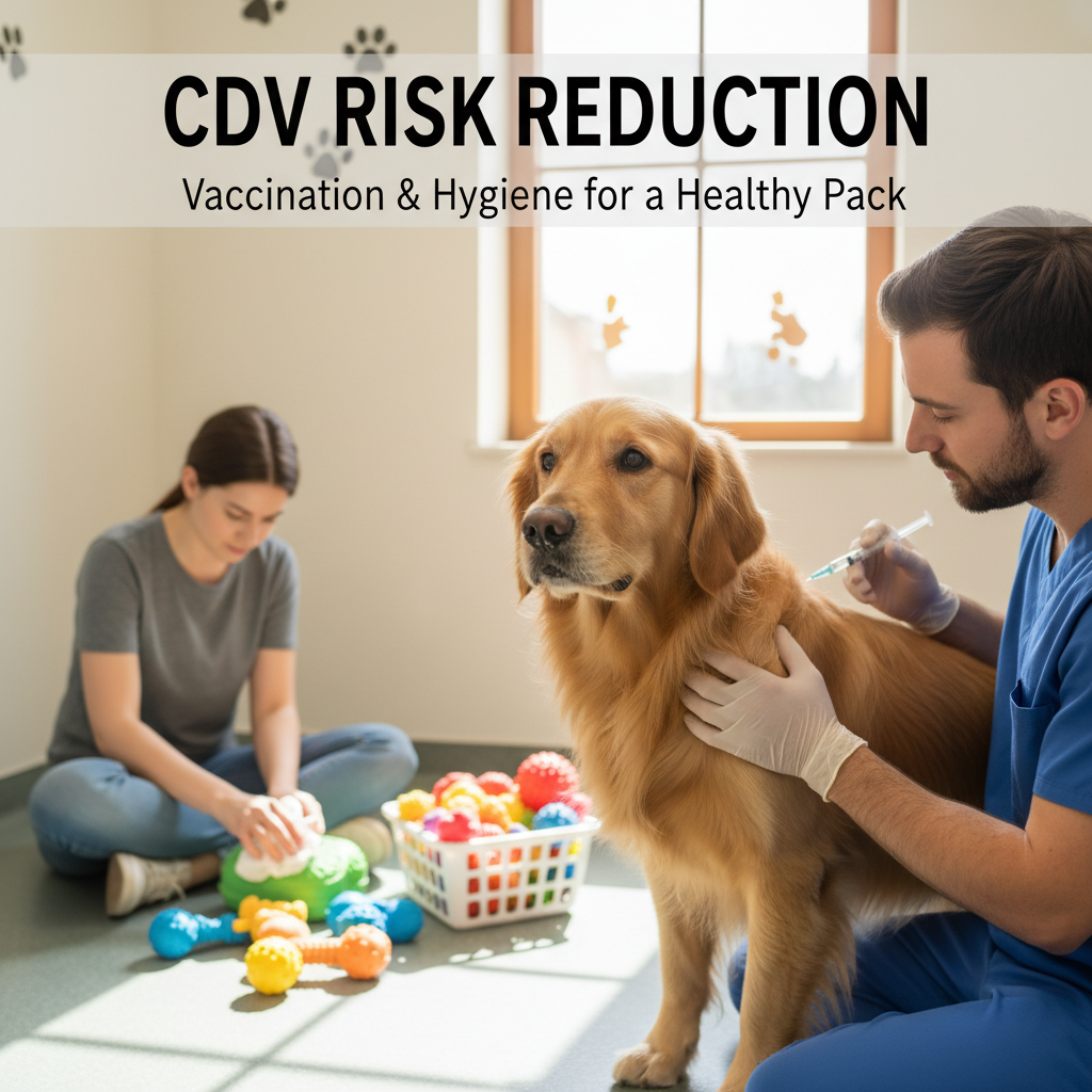 Authentic photo of a dog receiving a vaccine or a person diligently cleaning shared dog toys, illustrating CDV risk reduction.
