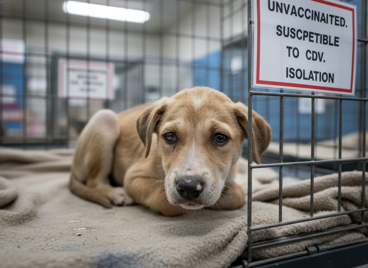 A poignant, realistic photo of a young puppy or an unvaccinated shelter dog, emphasizing susceptibility to CDV infection.