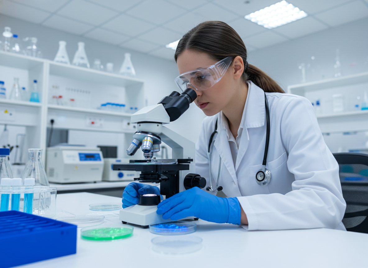 Veterinarian examining canine distemper virus samples under a microscope, scientific lab setting, focus on detail, photographic style.