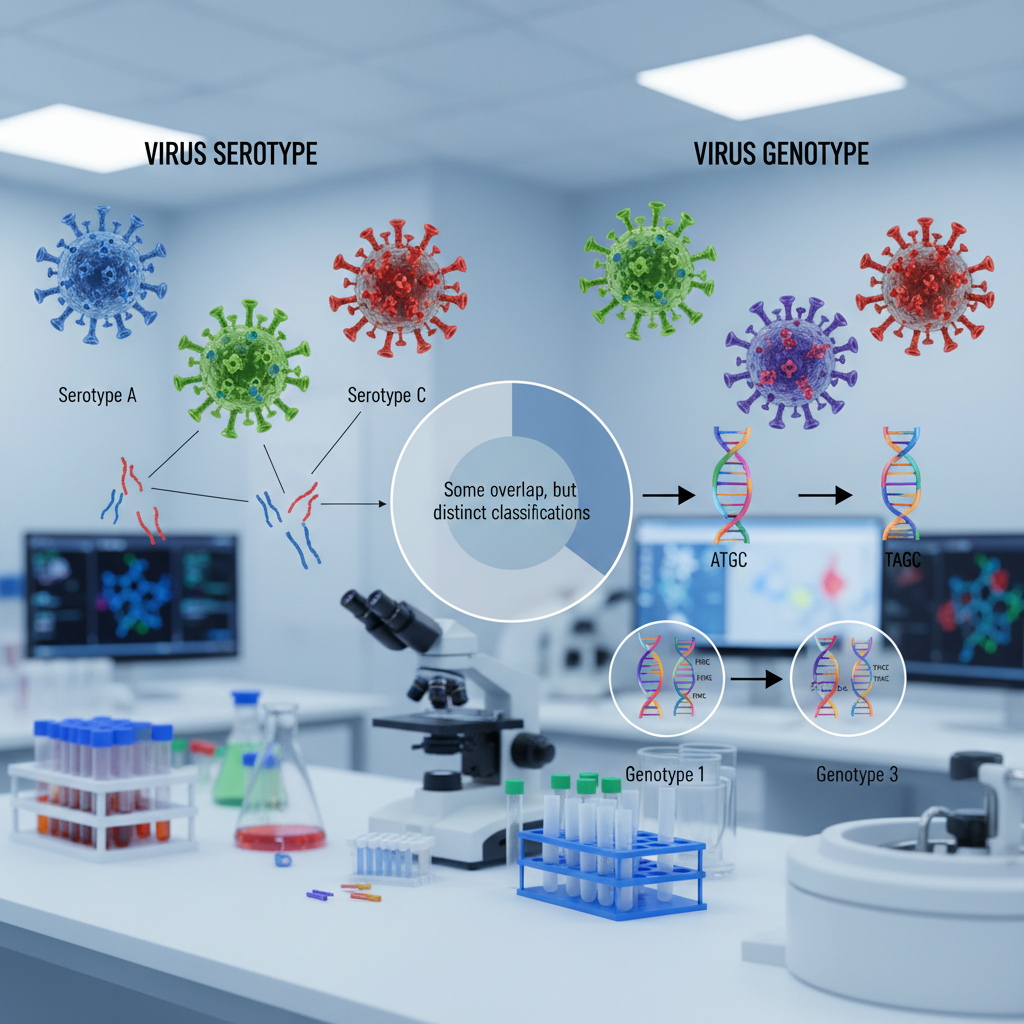 Detailed photographic shot illustrating the distinction between virus serotypes and genotypes, scientific diagram overlay, lab background.