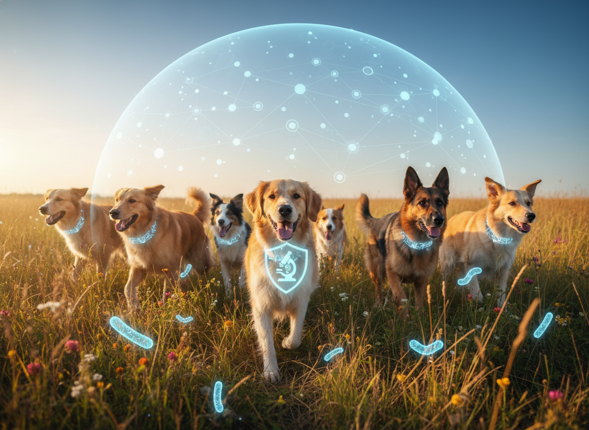 Photographic portrait of a healthy dog pack in a field, symbolizing disease control and protection through scientific understanding.