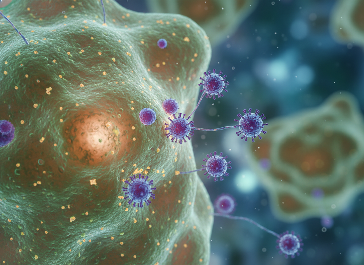 Newly formed CDV particles exit the cell, often budding off from the cell membrane, ready to infect neighboring cells.