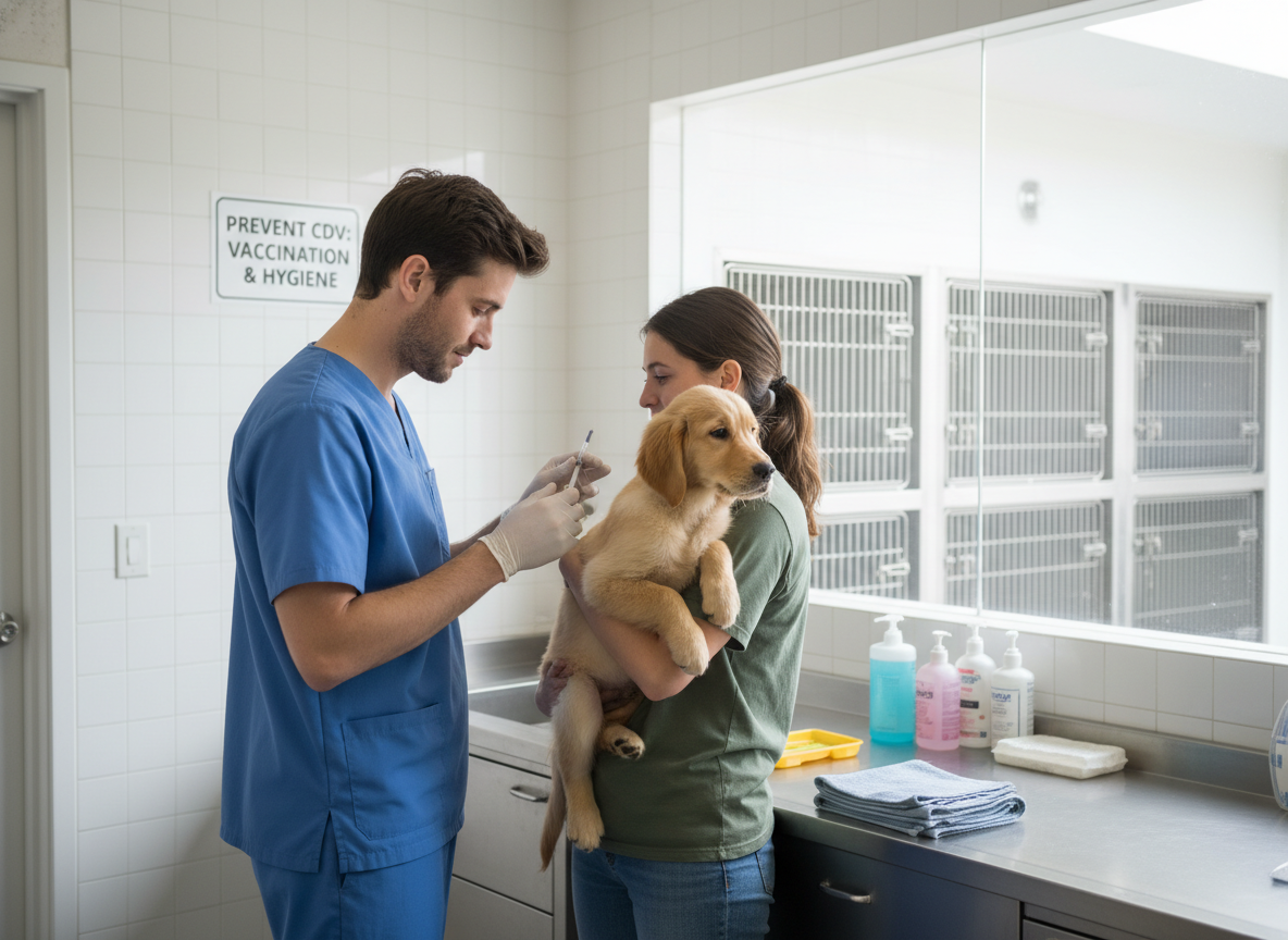 Vaccination, hygiene, and isolation of infected animals are key to preventing CDV spread. Prompt for a photograph of a veterinarian administering a vaccine or a clean, well-maintained animal shelter, aiming for a documentary style.
