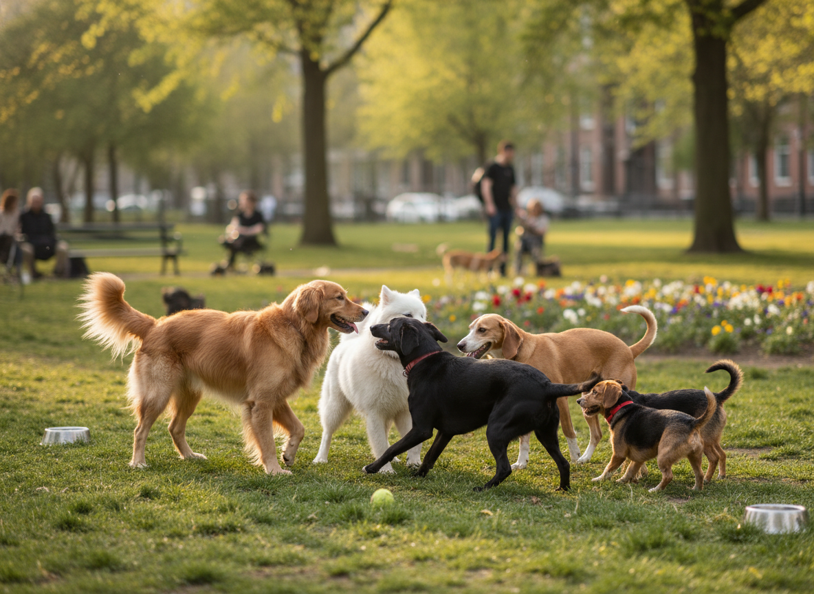 Canine distemper virus spreads through direct contact, airborne droplets, and contaminated environments. Prompt for a photograph of dogs interacting closely in a park setting, emphasizing natural, candid moments.