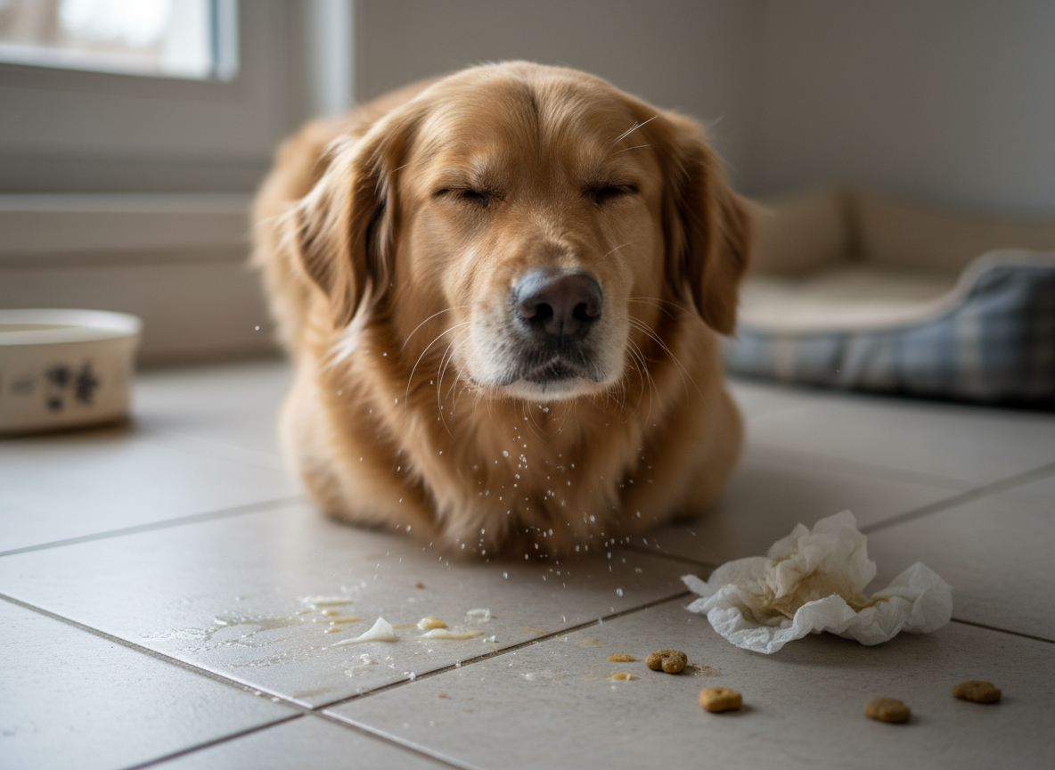 CDV is shed in respiratory secretions, urine, and feces. Prompt for a close-up photograph of a dog sneezing or a subtle depiction of contaminated surfaces, maintaining a realistic, unposed aesthetic.