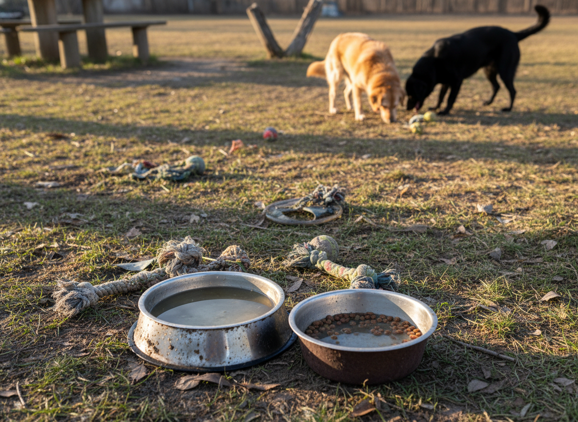 Contaminated surfaces and objects facilitate CDV transmission. Prompt for a photograph of shared dog bowls or toys in an outdoor setting, focusing on authentic, everyday scenes.