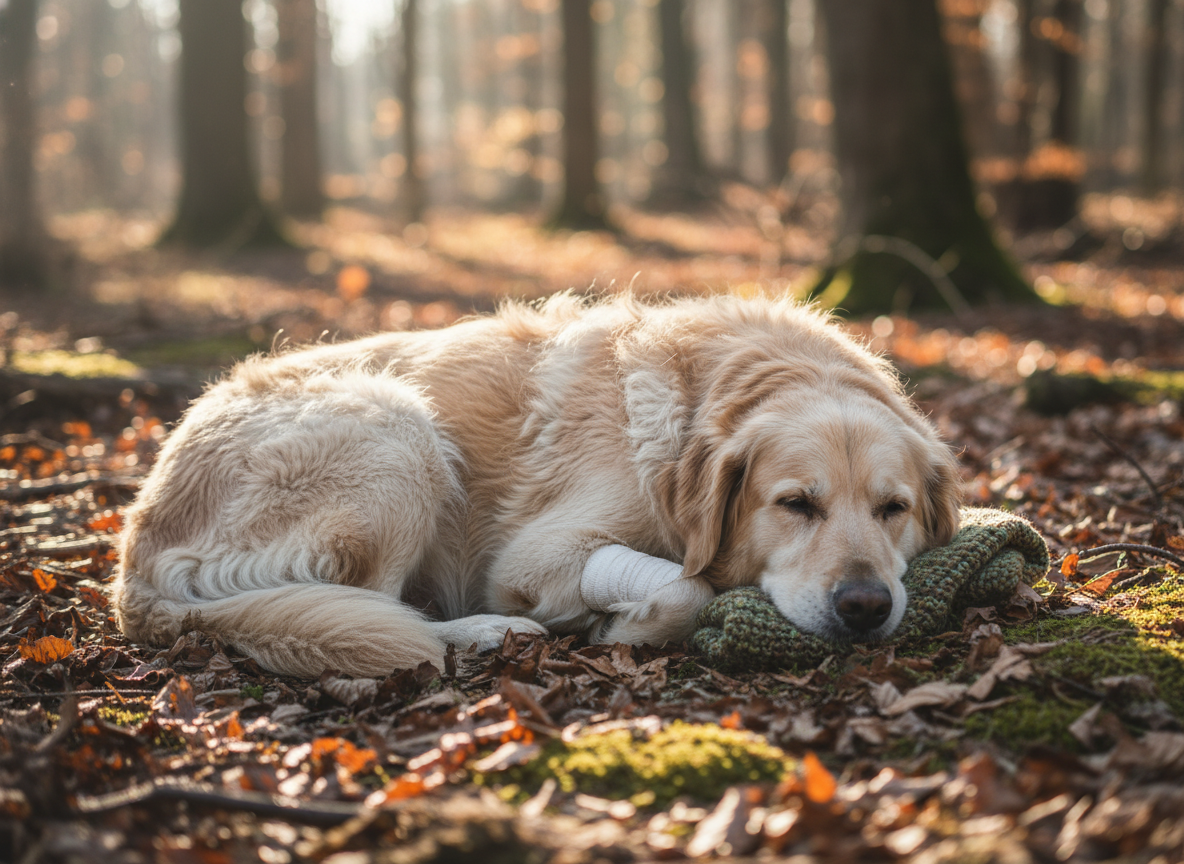 A dog resting quietly, hinting at weakness or a common complication of immune deficiency, set in a natural, soft-light environment. Photography.
