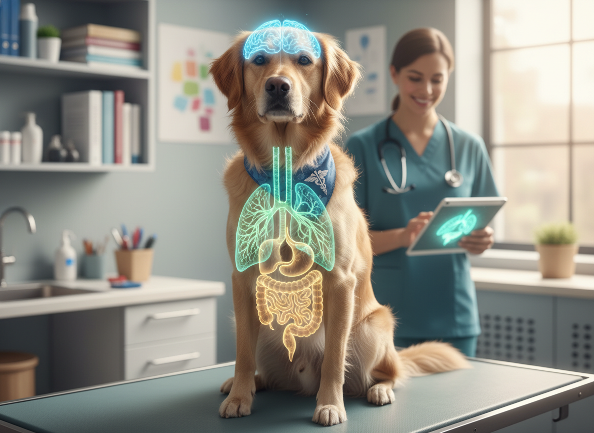 Photographic, realistic view of a dog, with subtle visual cues representing affected systems: brain, lungs, and gut. Veterinary theme.