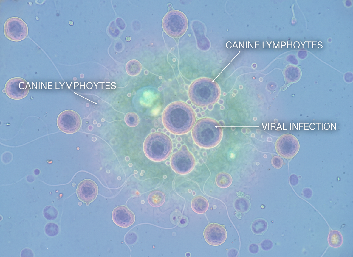 Photographic microscopic view: Canine immune cells (lymphocytes) under attack, compromised function due to viral infection, scientific.