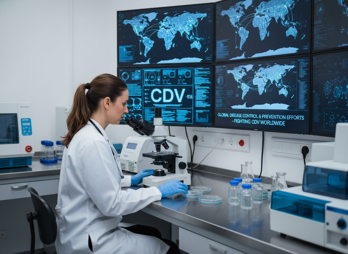 Photographic realistic scene: Veterinarian researching CDV, laboratory setting, emphasizing global disease control and prevention efforts.
