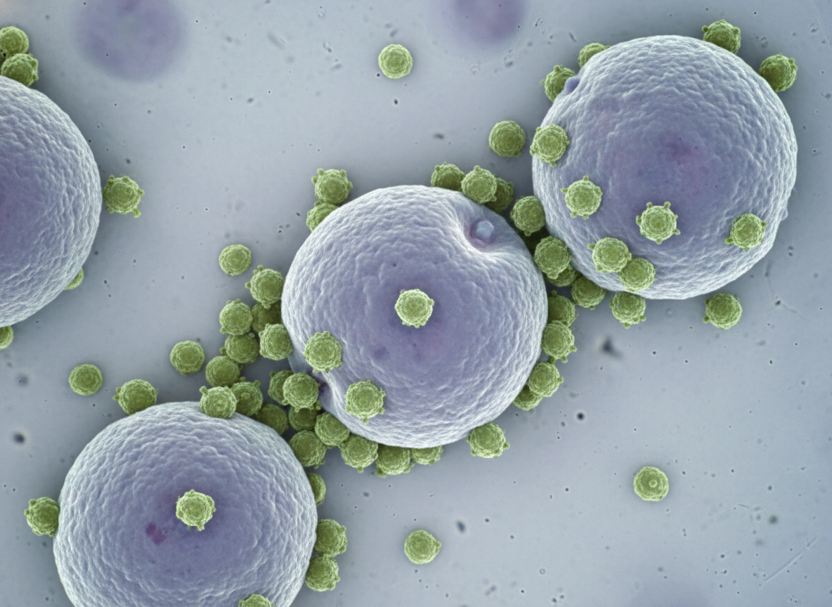 Microscopic shot revealing lymphocytes interacting with viral particles, showcasing the cellular impact of canine distemper. Scientific photography.