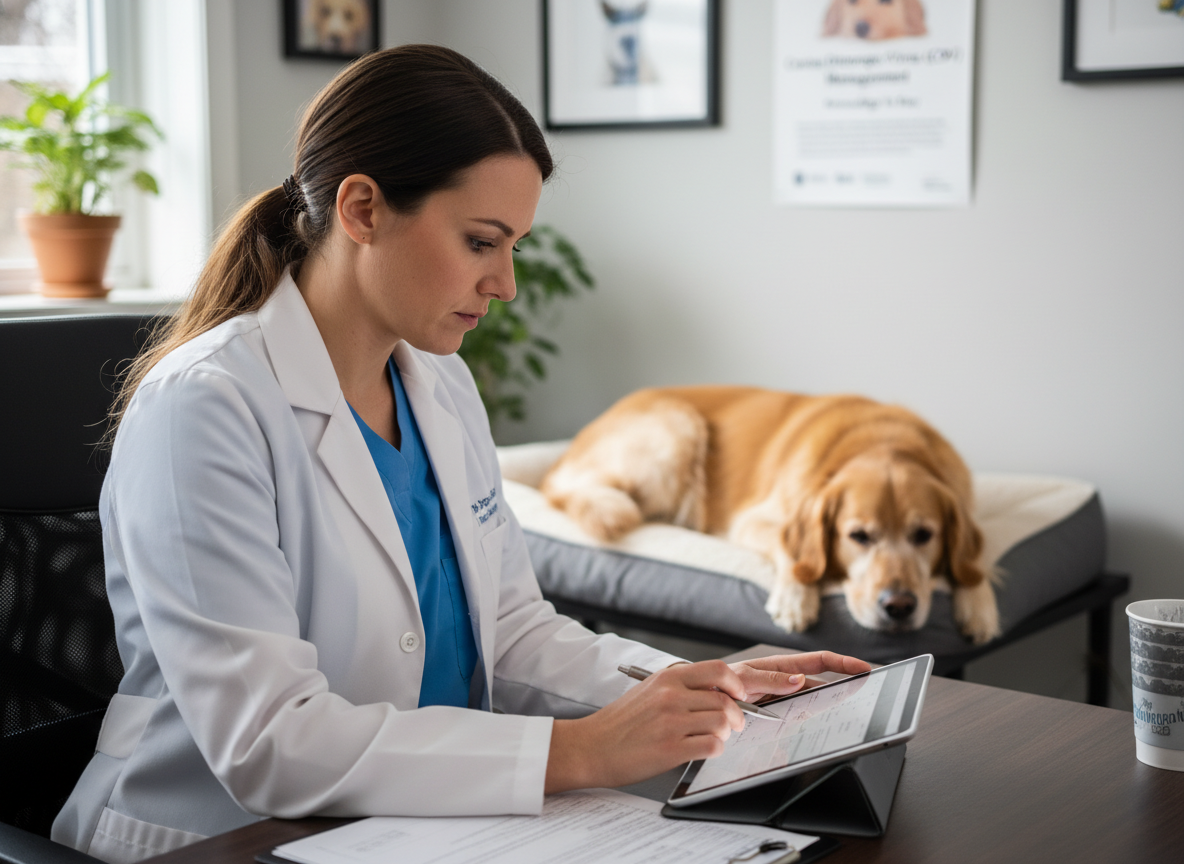 A veterinarian thoughtfully reviewing lab results on a tablet, with a calm dog in the background, symbolizing informed CDV management. Photography.
