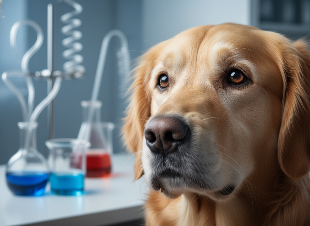 Close-up of a dog's thoughtful expression, with subtle laboratory equipment in the blurred background, suggesting viral impact on canine health. Photography.