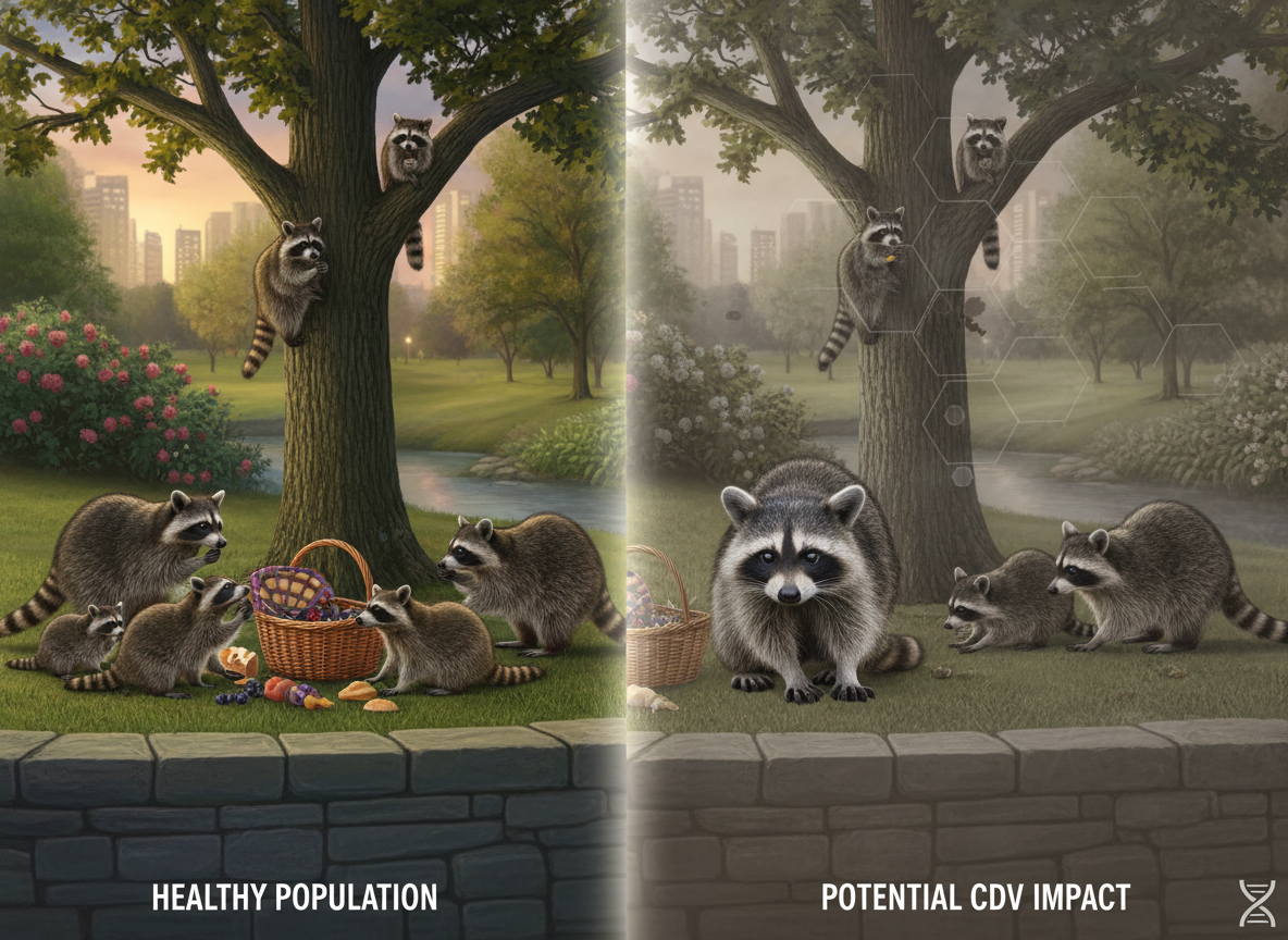 Photographic image of a group of raccoons, illustrating a healthy population dynamic, contrasted by the potential threat of CDV impact.