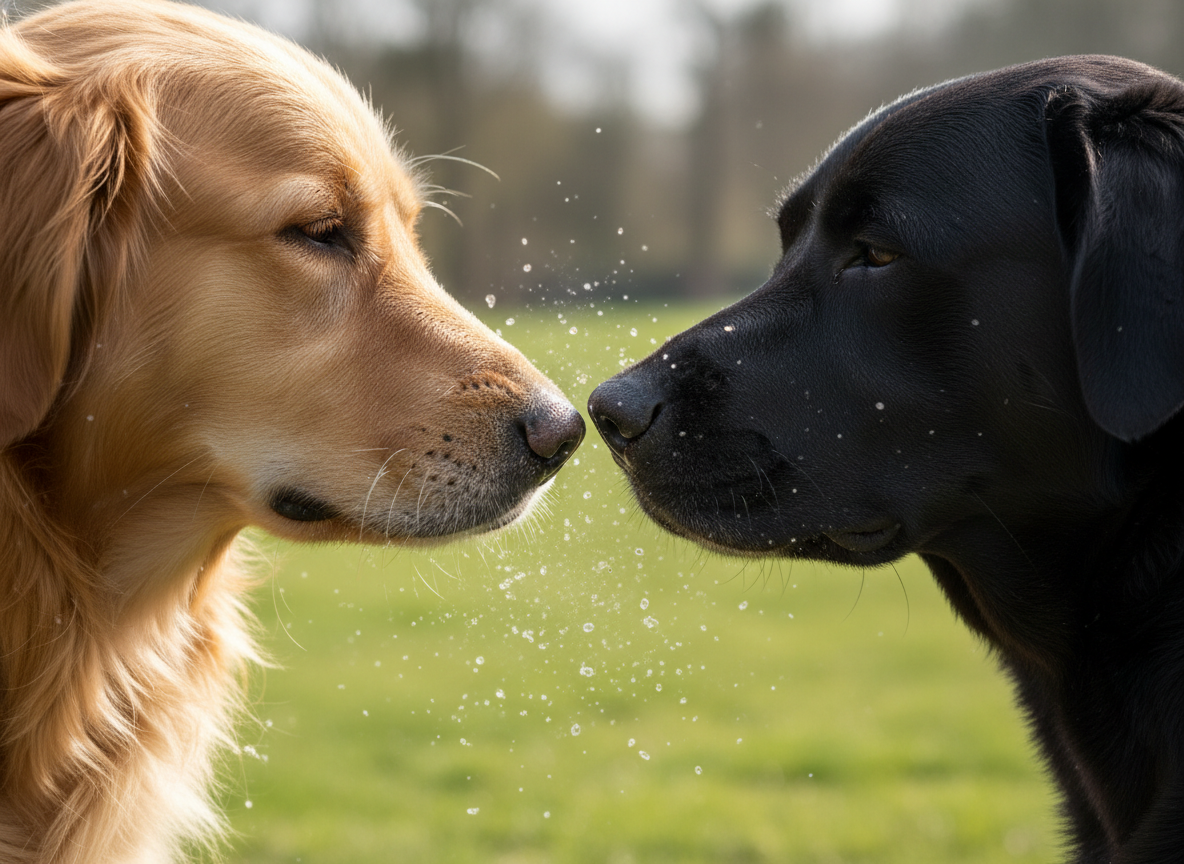 Photorealistic image: Two dogs sniffing each other closely, subtle airborne particles symbolizing CDV transmission. Real photo style.