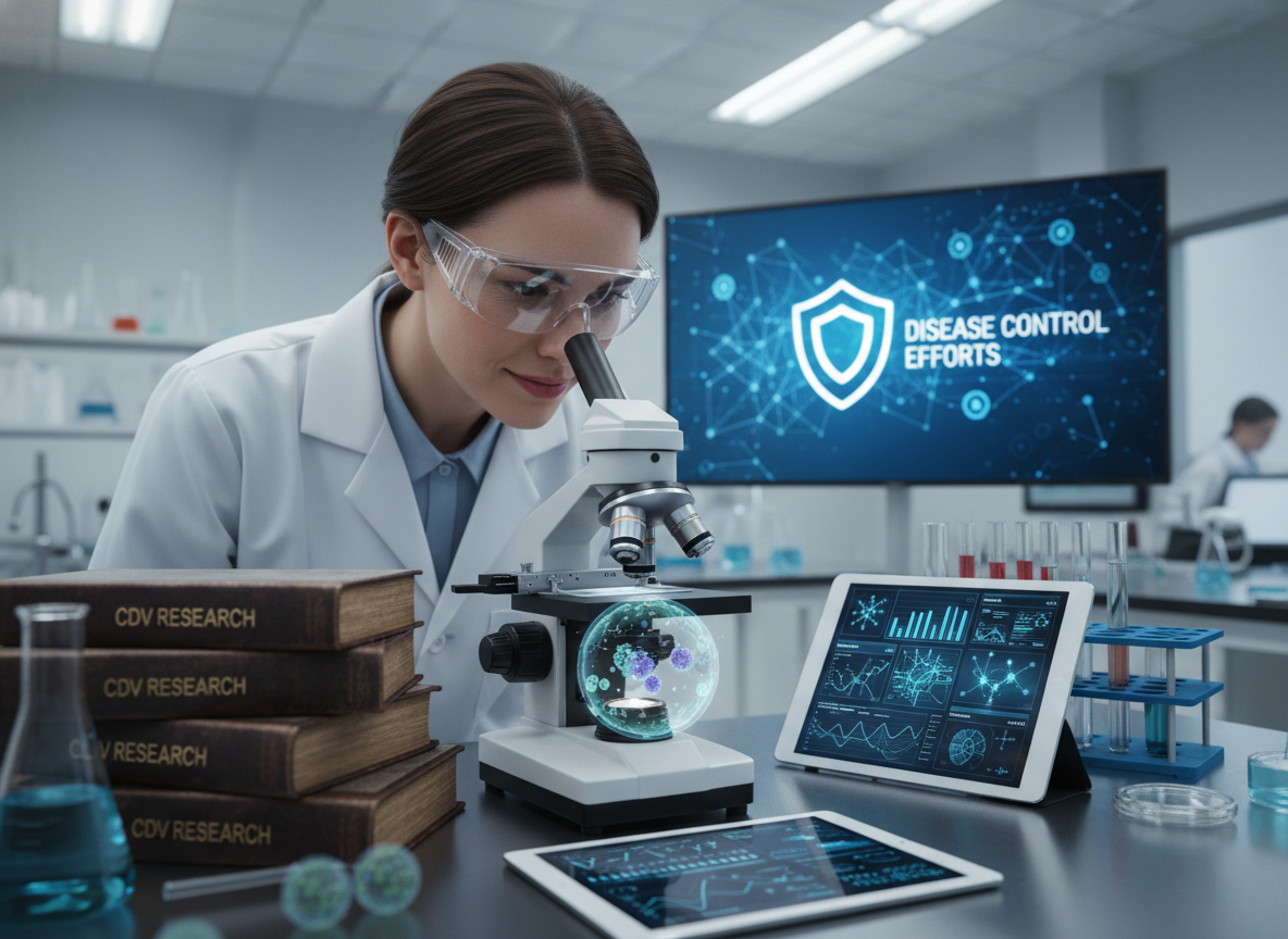 Photorealistic: Scientist examining CDV research under a microscope in a lab, conveying disease prevention. Real photo. Control efforts.