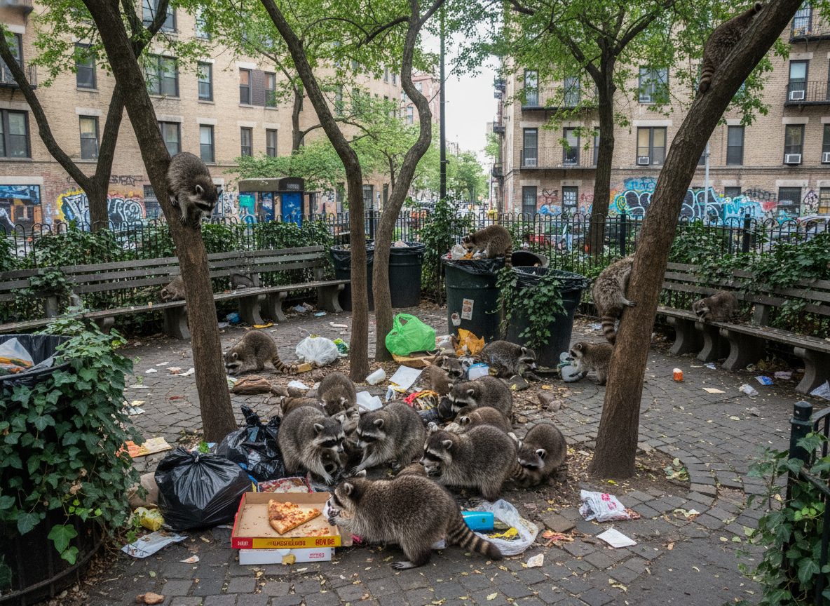 Photographic image of raccoons in a dense urban park environment, highlighting how environmental density can influence disease transmission.