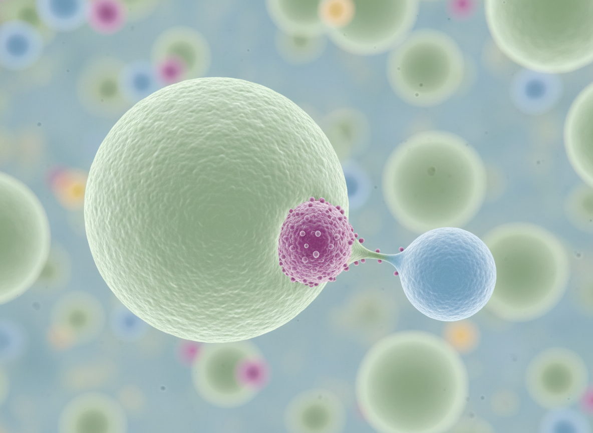 Photorealistic macro shot: CDV particle budding from an infected cell membrane, infecting an adjacent cell. Real photo. Cell-to-cell transfer.