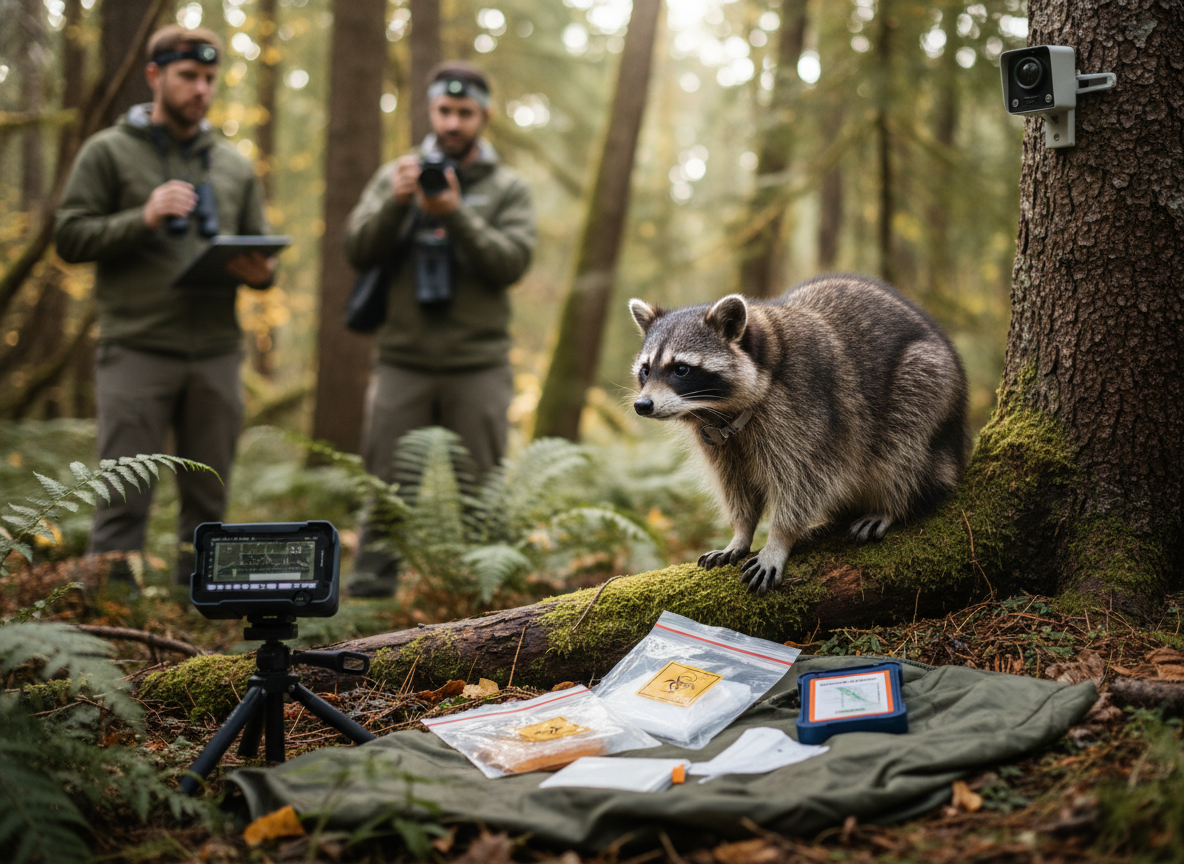 Photographic image of a raccoon being observed in its natural habitat, emphasizing ecological research and disease transmission studies.