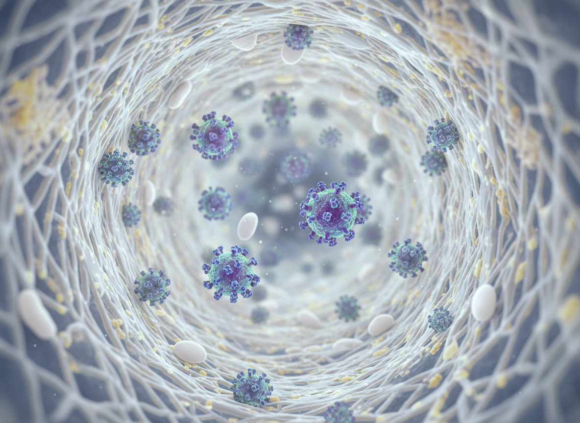 Photorealistic: Microscopic view of a canine lymphatic vessel with stylized CDV particles moving through it. Real photo. Internal spread.