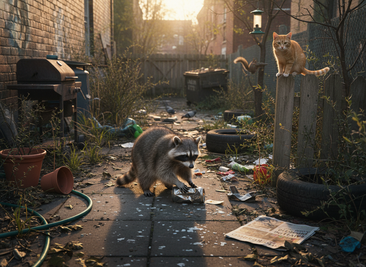 Photographic image of a raccoon foraging in an urban backyard, potentially encountering contaminated surfaces or interacting with other wildlife.
