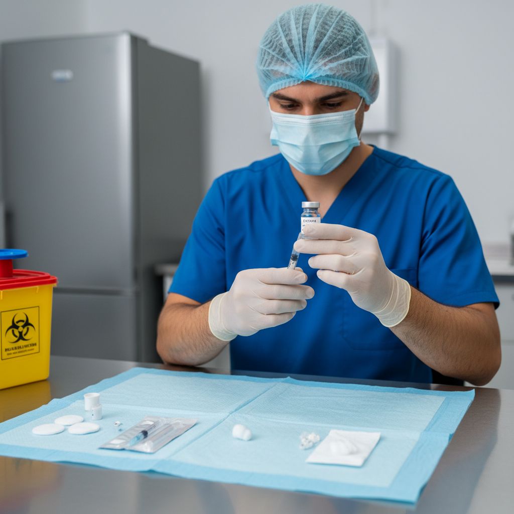 一名兽医正在小心翼翼地准备活的CDV疫苗，强调无菌技术和安全规程。