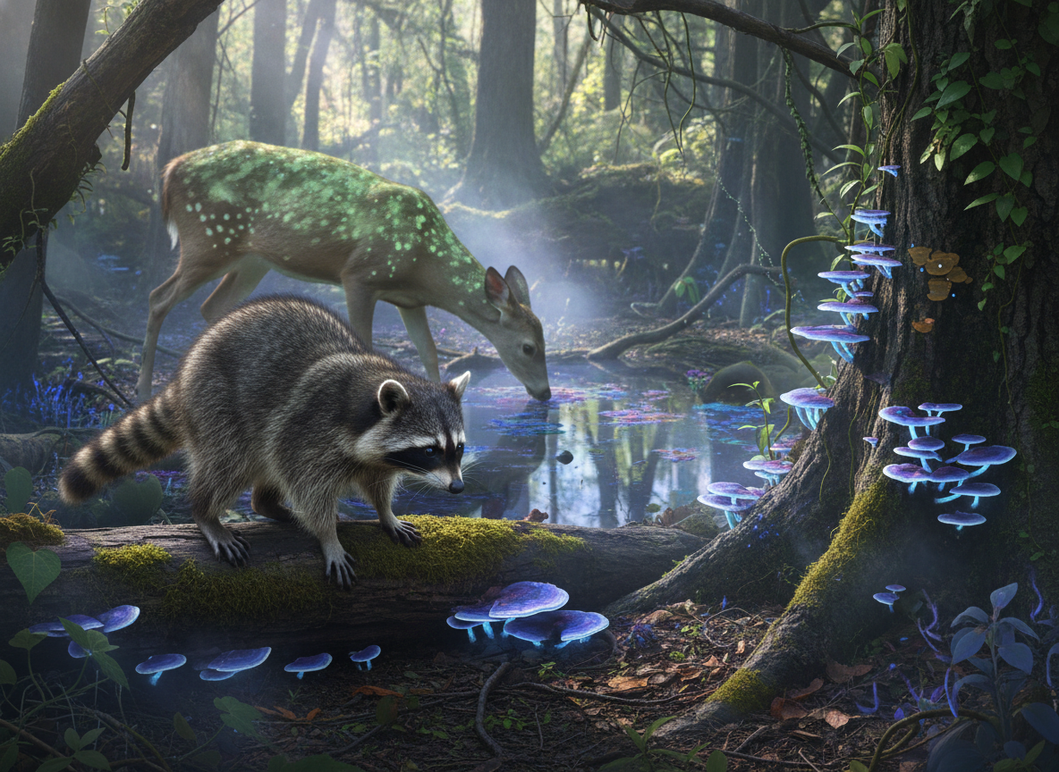 Photograph of a raccoon encountering infected wildlife or contaminated environments, natural light, realistic wildlife photography.