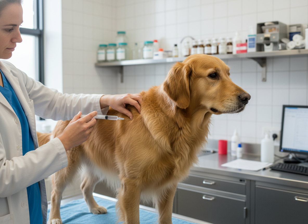 兽医正在为一只平静的狗接种犬瘟热疫苗。焦点在于温柔的互动和医疗环境。
