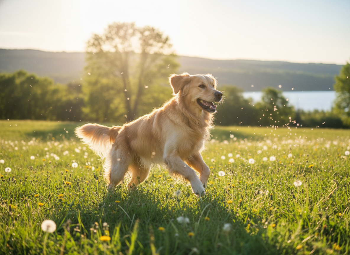 一只充满活力的健康狗在户外玩耍，象征着强大的免疫力。明亮的自然光。