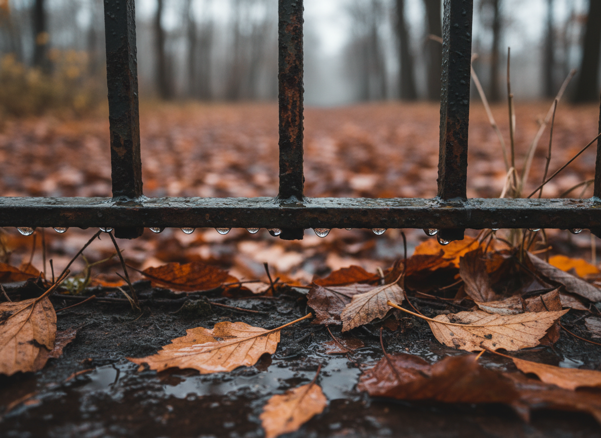 Raindrops on a cold metal fence, surrounded by fallen leaves. Photography style, real.