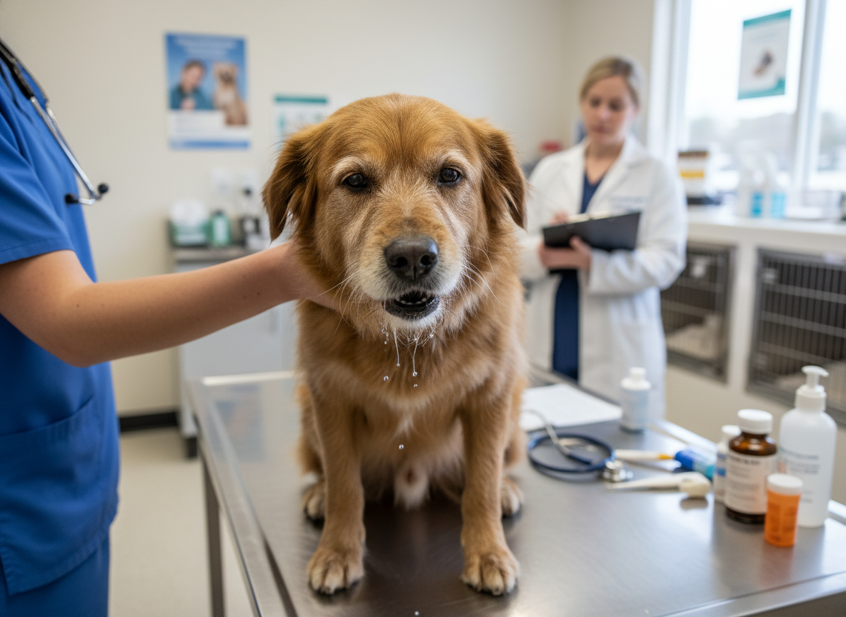 A dog with nasal discharge and coughing, looking unwell, in a veterinary clinic. Candid shot, documentary style.